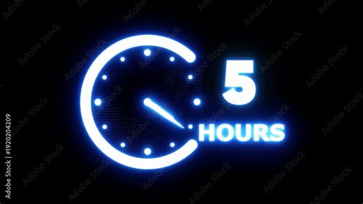 Neon blue light glowing countdown timer showing 5 hours animated on black background, digital clock animation with moving hand for time indication, seamless loop for deadline or appointment concepts