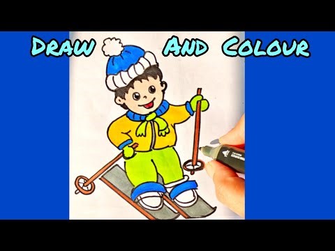 How To Draw A Skiing Boy in Snow | Cute Winter Cartoon Drawing for Kids