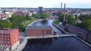 Tampere, Finland. Aerial Drone views over city at shore of Tammerkoski river