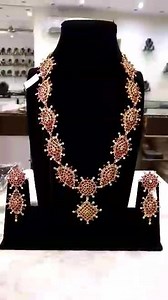 92.5 silver 22k good plated 22 inches long kempu stones necklace with push style earrings. To place an order kindly WhatsApp on 8790112233 | Samskruthi Jewellers