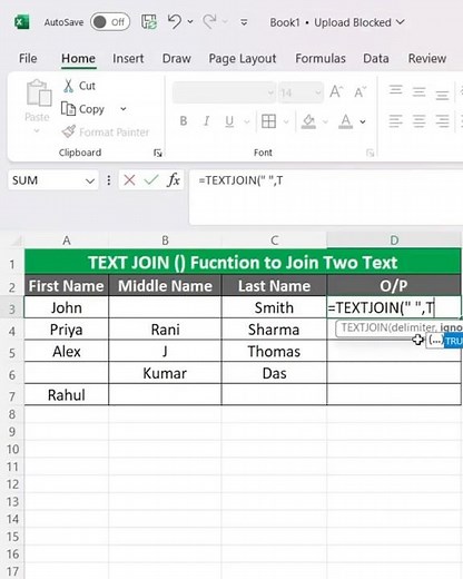 Excel TEXTJOIN() Function – Join Multiple Text Values in One Cell #youtubeshorts #shortsfeed