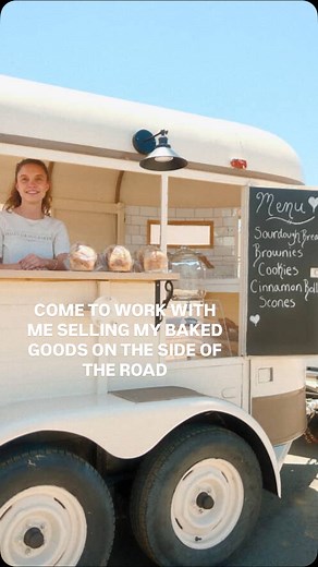 Fidelia Grace | Daily Grace Bakery on Instagram: "come to work with me selling my sourdough bread & other baked goods in my converted horse trailer turned bakery bar 🤎✨🍞🍪🤤 every Saturday I park my bakery trailer on the side of the road 😂 and sell my sourdough bread and baked goods. Every single Saturday morning I get a little nervous in anticipation if anyone will stop and buy from me. I’m just a random lady selling bread and baked goods on the side of the road & the fact that people stop l
