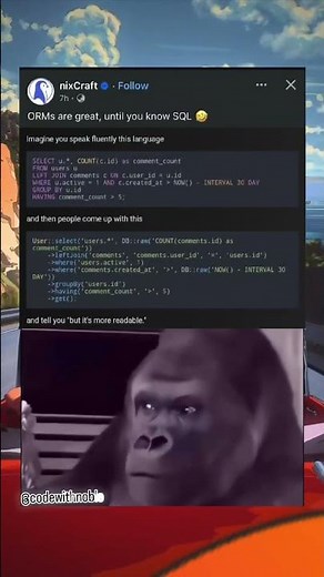 The Great ORM vs SQL Debate. 😂😂🤣🤣 #funny #memes #trending #coding #programming #fyp