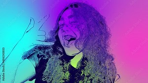 Animated teen girl poster in hologram colors. Hand gesture - the sign of the horns as a symbol of rock music. vídeo de Stock