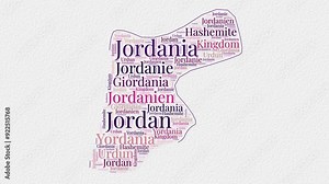 Jordan logo animation featuring a word cloud of country names in multiple languages on a paper-style background. Ideal for country presentations or intros.