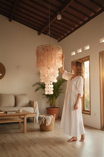 Peach Pink Capiz Chandelier, Handmade Boho Pendant Light: Coastal Shell Ceiling Decor, Natural Capiz Lighting - Etsy