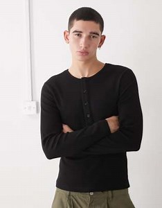 COLLUSION long sleeve rib Henley slim fit T-shirt in black | ASOS