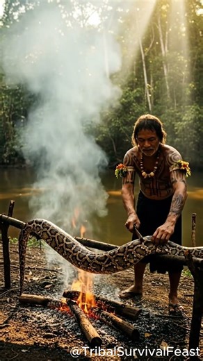 Tribal Man Grills Giant Python by the River 🔥 | Jungle Feast 4K #shorts