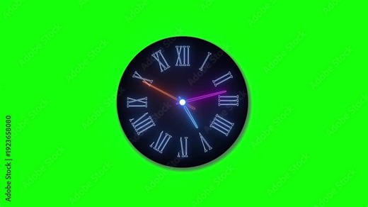 neon glowing clock on green screen background, clock icon face showing time running with moving hands in 12-hour loop, Stopwatch timer animation