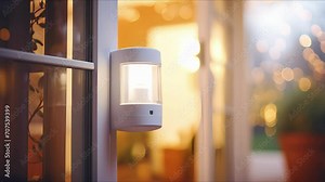 Closeup of a motion sensor attached to a doorway, allowing for automatic lighting control. Stock Video