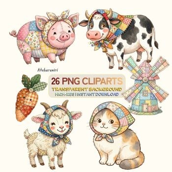 Cute Farm Animals Clipart Bundle PNG, Cozy Farm Animal Graphics, Cute Background