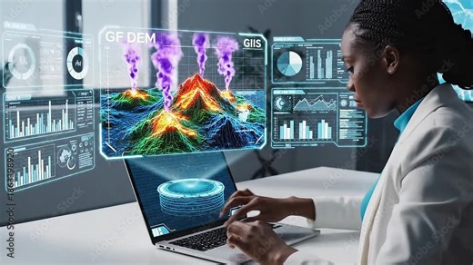Female scientist analyzes advanced geospatial data using futuristic holographic GIS displays for multi-layer spatial monitoring and remote sensing insights