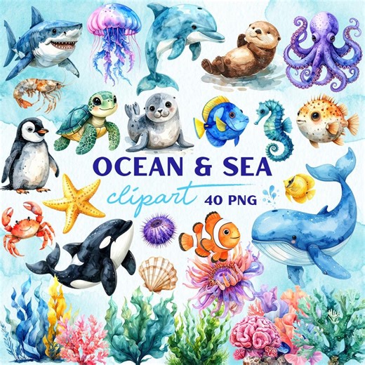Watercolor Ocean Life Clipart Bundle | Sea Animals, Fish, Coral & Seaweed PNG - Etsy Australia