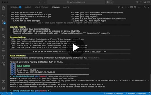 Your own little Spring Initializr, running as GraalVM Native Image?🌿 Yes you can!💪 — clone https://lnkd.in/e_iAPzcD — mvn clean -Pnative package — all done in 47 seconds, can t even get a… | Alina Yurenko 🇺🇦
