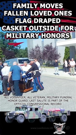 Family moves fallen loved ones flag draped casket outside for military honors