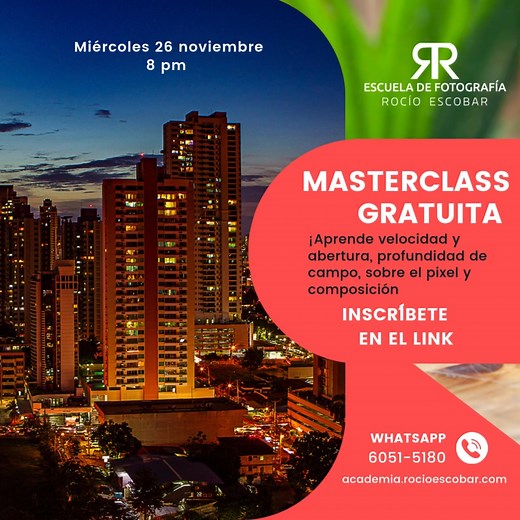 MASTERCLASS GRATUITA ON LINE DE FOTOGRAFIA Aprende Velocidad, abertura, profundidad de campo, que es el pixel y como esta formado, composición. MIÉRCOLES 26 DE NOVIEMBRE A PARTIR DE LAS 8 PM INSCRIBITE EN EL LINK https://tally.so/r/rjy2EN ¡NO TE LO PIERDAS! | Rocío Escobar Foto