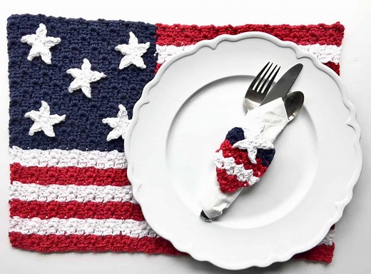 American Flag Crochet Pattern C2C Placemat & Napkin Ring