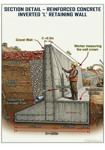 Section Details -Reinforced Concrete Inverted 'L' Retaining Wall | #shorts #civilengineering