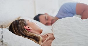 Divorce, thinking and unhappy woman in a bedroom at home with insomnia, snoring or stress. Angry, frustrated and upset couple in bed after fight, conflict or marriage crisis, mistake and doubt