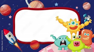 Cute alien monster friends explore outer space with planets and rockets.