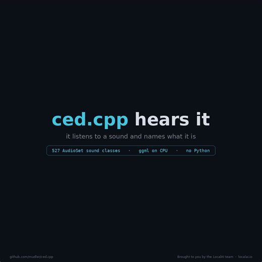 We built a C++ engine (ced.cpp) that tells you what a sound is, rooster, thunder, a guitar, in ~55 ms on a CPU. No Python in the loop.It's a from-scratch @ggml port of @Xiaomi's CED audio tagger. Same tags as the PyTorch original, numerically equal , but faster and 2x lighter.Now you can make your LLM Listen around you!