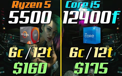 i5-12400 vs R5 5500 CPU对比（1080P分辨率测试，显卡为RTX 3090） 1080P视频