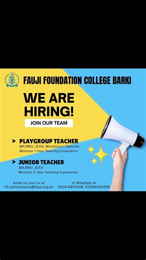 Fauji Foundation College, Barki Road Lahore is hiring Playgroup Teachers and Junior Teachers to join its dedicated academic team. 🌿 If you have a passion for early childhood education and can create a nurturing, engaging learning environment — this is your opportunity to grow with one of the most reputed institutions in Pakistan. Apply now and become part of an inspiring educational community! ✨ #FaujiFoundationCollege #LahoreJobs #BarkiRoadLahore #TeachingJobs #PlaygroupTeacher #JuniorTeacher 