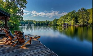 Two wooden chairs on a wooden dock overlooking a calm lake with lush greenery and blue sky.