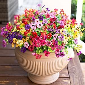 HyeFlora Artificial Flowers for Outdoor Indoor Garden Home Decoration, Faux Flower Daisy with Eucalyptus Leaves Fake Plants Greenery Boxwood Porch Patio, 12 Bundles (6 Multicolor)