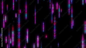 Colorful Arrow Particle Rain Falling Animation Over Dark Black Background. Multi Color Arrow Particle Rain Animation. Neon Abstract Animation Of Particle Line Falling, Futuristic Particle Arrow Stripe Stock Video