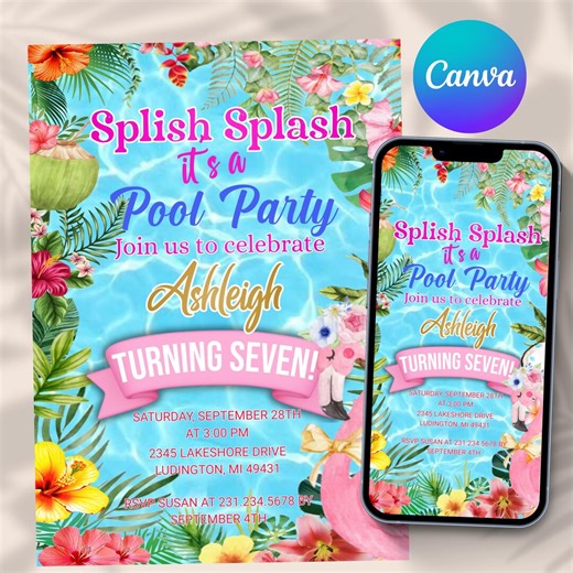Girls Pool Party Birthday Invitation,pool Party Birthday,pool Party Invite,girls Teenage Birthday,summer Pool Party,editable,canva Template - Etsy