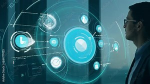 Data scientist querying Analysing and visualizing artificial intelligence on virtual screen