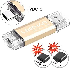 leizhan 32GB USB Flash Drive Thumb Drives Jump Drive Storage Memory Stick Type-C/USB 2 in 1, with 2 Pcs adapters (USB to Micro/Type-C) fit Most Devices - Gold