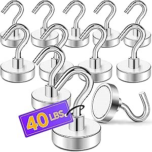 TRYMAG Magnetic Hooks Heavy Duty, 50Lbs+ Super Strong Magnetic Hooks for Cruise Cabins, 12 Pack Magnetic Hanging Hooks Rare Earth Magnets with Hooks for Fridge, Classroom, Grill, Kitchen, Storage