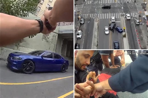 In a scene out of “The French Connection,” a wild new NYPD video shows cops hot on the tail of two alleged car thieves in a stolen muscle car racing through streets — and on sidewalks — in the Bronx. Cops received an alert of a stolen vehicle around 11 a.m. Sept. 17 when a 2025 bright blue Dodge Charger tripped a license plate reader at East 167th Street and Morris Avenue. | Ubiquity Multimedia & Entertainment