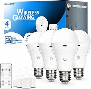 WirelessGlow Rechargeable Light Bulbs with Remote, 3 Color Temperatures and Dimmable Battery Light Bulbs, Touch Control + USB Rechargeable Battery Operated Light Bulb, A19