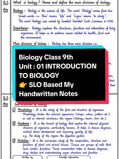 Learn Biology with Me and Prepare yourself for NEET, MDCAT, Lecturer, Subject Specialist and Ability Tests. Biology Class 9th Unit : 01 INTRODUCTION TO BIOLOGY 👉 SLO BASED HANDWRITTEN NOTES 👉 Follow Me 👉 Repost My Videos 👉 Share Link with Friends #foryou #viralvideo #viewsproblem #unfreezmyaccount #creatorsearchinsights