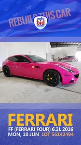 Check out this 2016 Ferrari FF in stunning pink exterior. Iconic masterpiece! Engine: 6.3 L F140 EB V12 Power Output: 651 hp (485 kW) at 8,000 rpm Torque: 683 Nm (504 lb-ft) at 6,000 rpm Transmission: 7-speed dual-clutch automated manual Drivetrain: All-wheel drive (4RM system) Make it yours on Monday, 10 Jun 2024 - 17:00 Lot 56142494 Bid here https://shorturl.at/MCtMw | Autobidmaster.com