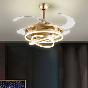 [Hot Item] Luxury Golden Retractable 4 Blades Chandelier Decoration LED Ceiling Fan with Light Remote Control for Living Room