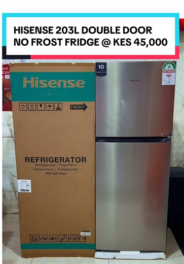Hisense 203L Double Door, No Frost Refrigerator. Offer Price @ KES 45,000. Specs ✨203L Capacity ✨No Frost Technology ✨Inverter Tech-Low Energy Consumption ✨3 Star Rated ✨Interior light ✨Temperature Control ✨10 year Warranty on Compressor Call/ Whatsapp 0757-543543 / 0711-290354 to order📌. Nairobi Physical Stores Location: 1: Platinum Plaza, Ground Floor G36/G37 along Tom Mboya street - 0757543543. 2:RNG Plaza , First Floor F17 along Ronald Ngala steet- 0711290354. We do Deliveries country wide 