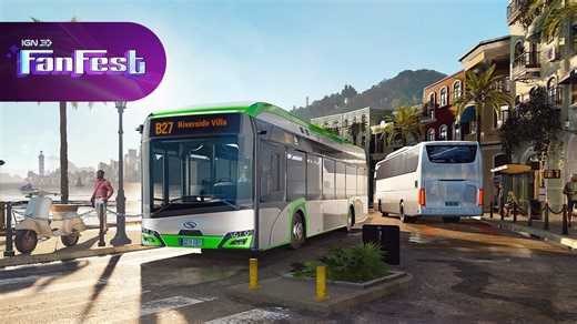 Passengers waiting for a ride near the sunny beaches of Southern Europe can expect a truly unprecedented variety in Bus Simulator 27: With classic rigid and articulated buses, double-deckers, and electric buses roaming around the cities of Felicia Bay. Check out the #IGNFanFest trailer here: | IGN