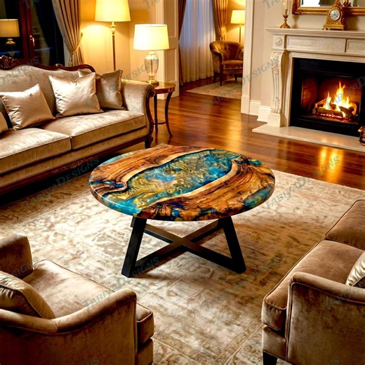 Luxury Blue Gold Epoxy Resin Wood Round Coffee Table | Modern Designer Center Table - Etsy