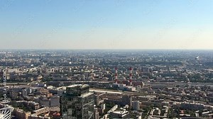 View from the Federation Tower to panorama of Moscow center. Capital of Russia. Downtown architecture urban landscape from skyscraper. Moscow city panoramic observing.