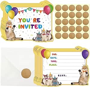 20 Pcs Cat Birthday Invitations, Kitten Party Invitations Animal Birthday Party Invitation Cards With Sticker Labels 20 Envelope Birthday Invitations for Birthday Party Supplies