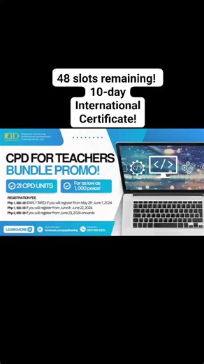 12K views · 16 comments | 4 days remaining to avail the promo! 21 CPD units for Teachers for only 1K! 48 slots remaining! Online/ Self-paced. Auto reflect sa CPDAS! | Philippine Continuing Professional Development Training Center, Inc. | Facebook