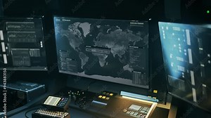 Military radar system searching for the criminal location on the virtual map. Radar software searching for the target location. Search Radar technology processing location coordinates data.