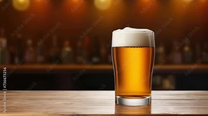 Glass of beer sitting on top of wooden table. Perfect for pub and bar advertisements