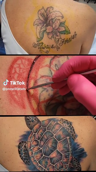 Check out this Sea Turtle freehand coverup I got to make. Cant wait to add more to this backpiece. @Apollo Beach Tattoo Co #coverup #freehand #fyp #tampa #femaletattooartist