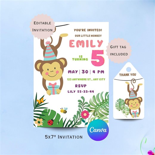 Editable 5th Birthday Invitation | Monkey, Jungle Theme, Gift Tags | Digital Download | - Etsy