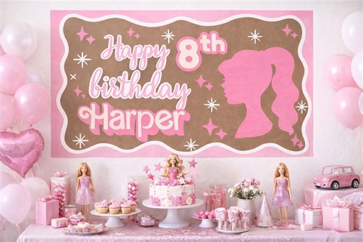 Personalized Barbie Birthday Banner | Custom Girl Birthday Banner | Hand Painted Birthday Banner | Birthday Party Decor | Party Backdrop - Etsy